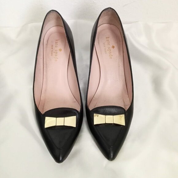 Kate Spade Gold Bow Black Leather Pumps High Heels Pointed Toe Embellished - Picture 5 of 10